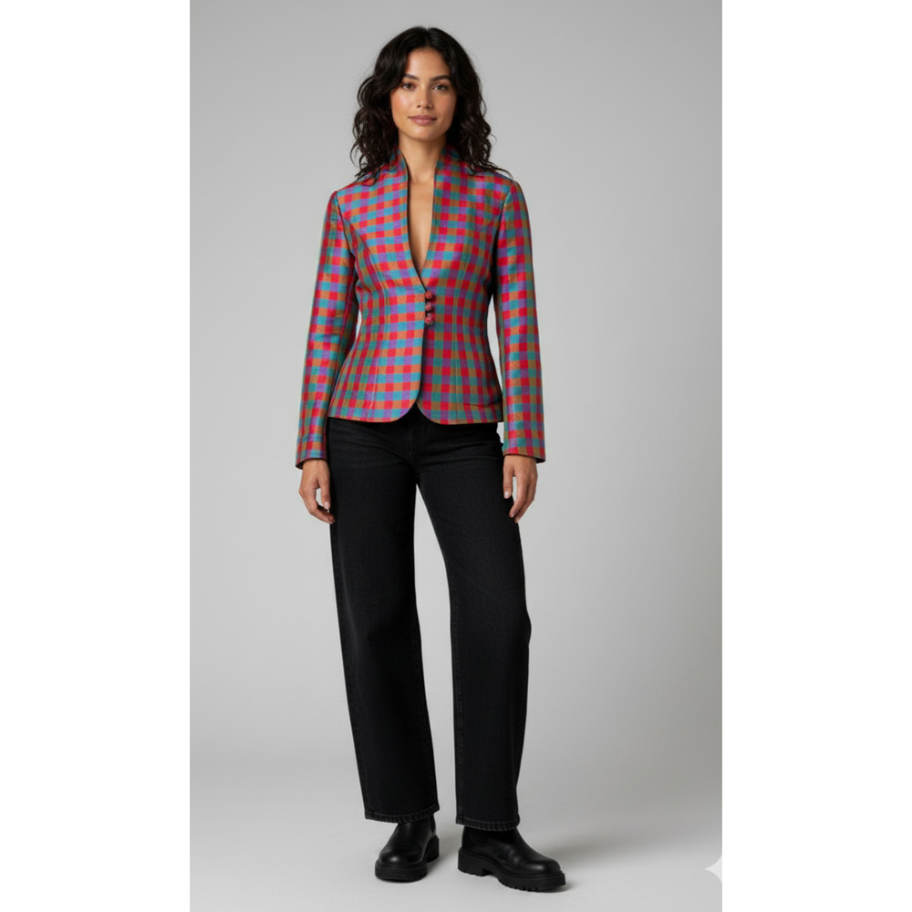 Y2k Statement Reversible Structured Plaid Silk Bl… - image 1